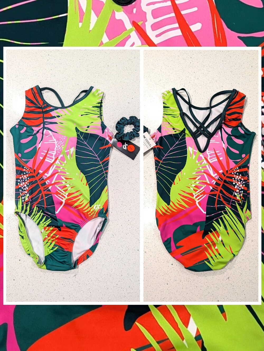BRAND NEW GK Elite gymnastics Leotard AL Large Neon TROPICAL JUNGLE + Scrunchie